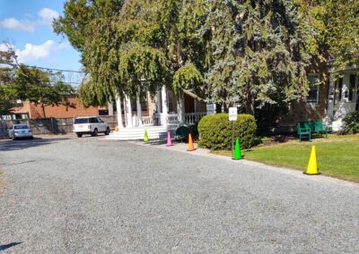 COVID cones in front of the Lewis School