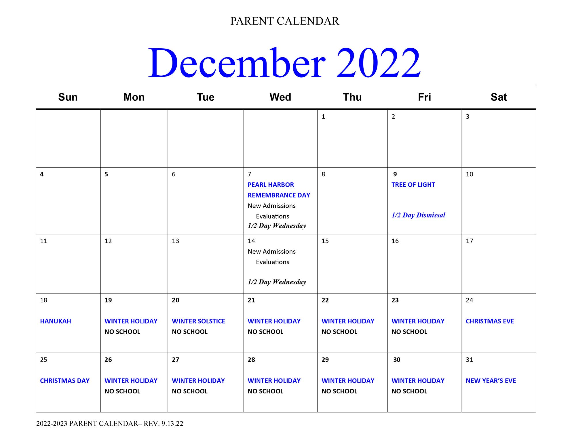 The Lewis School December 2022 Parent Calendar