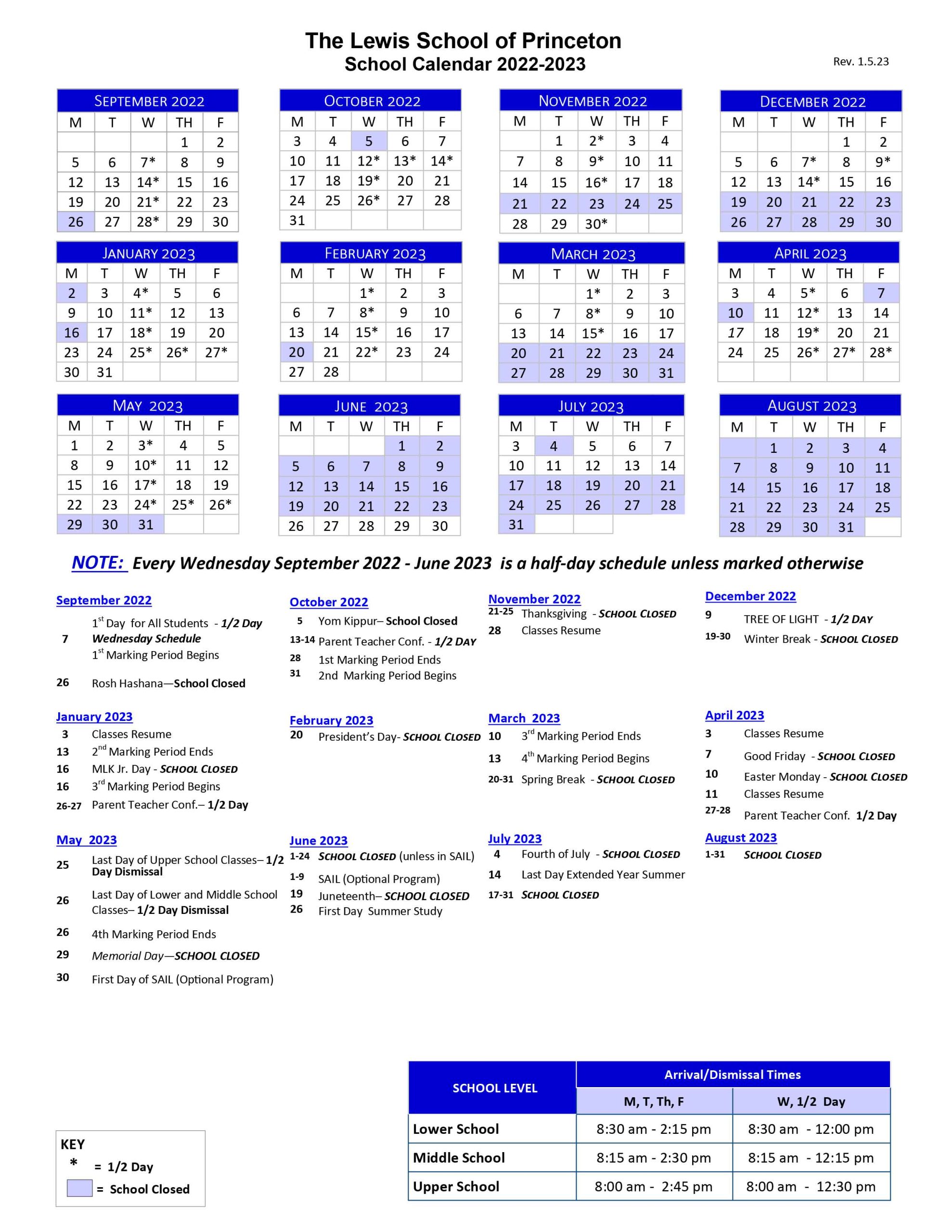 Lewis School Calendar 2022-2023