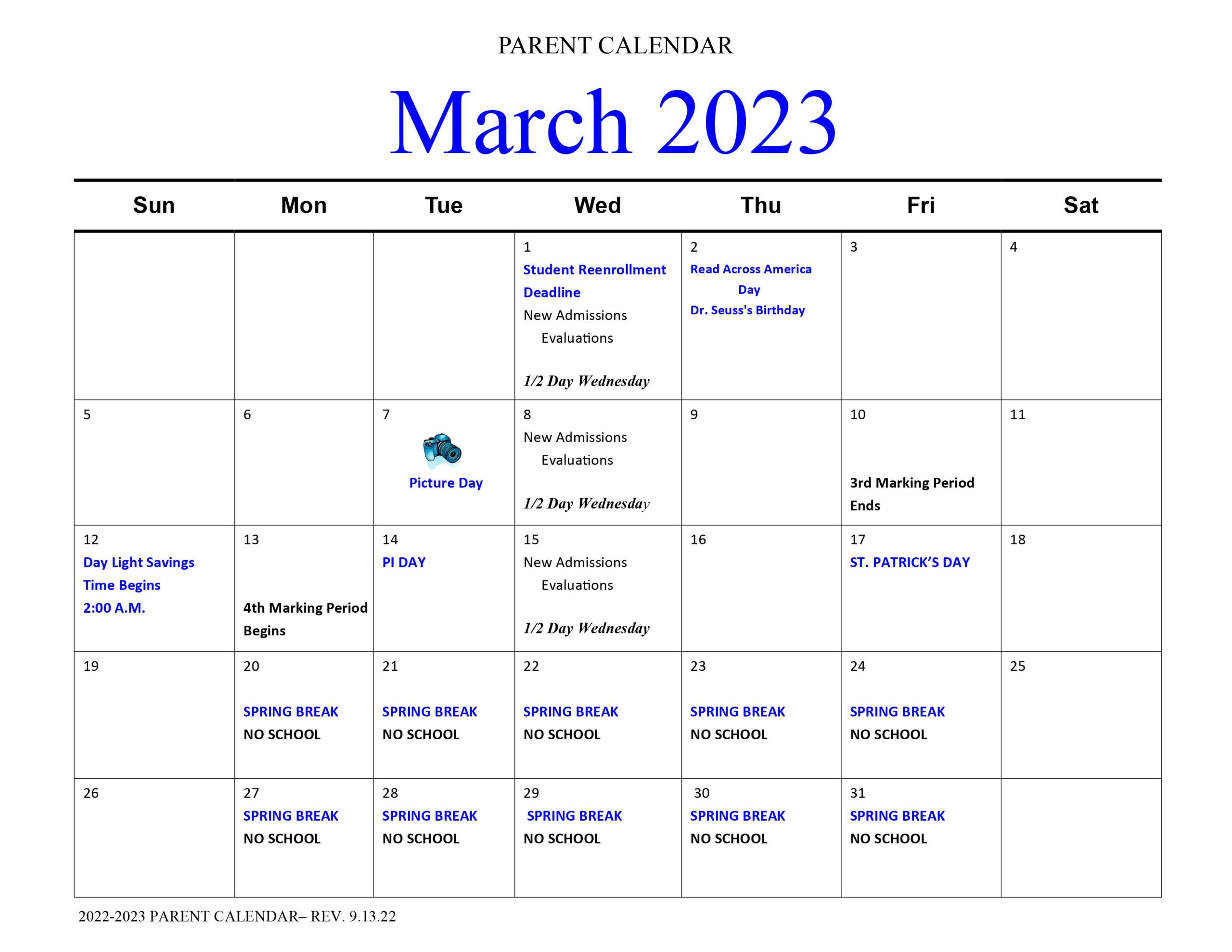March 2023 Parent Calendar