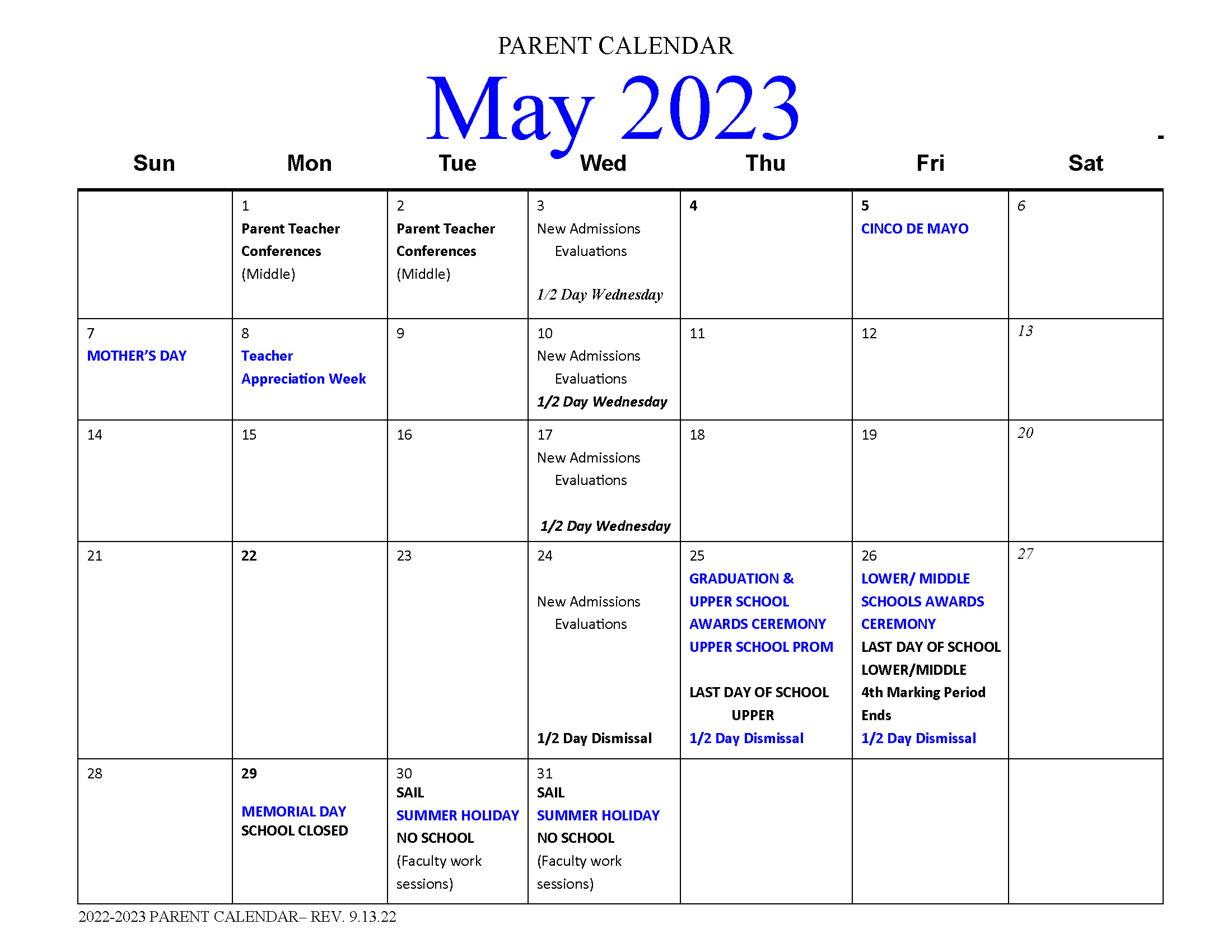 The Lewis School May Calendar of Events
